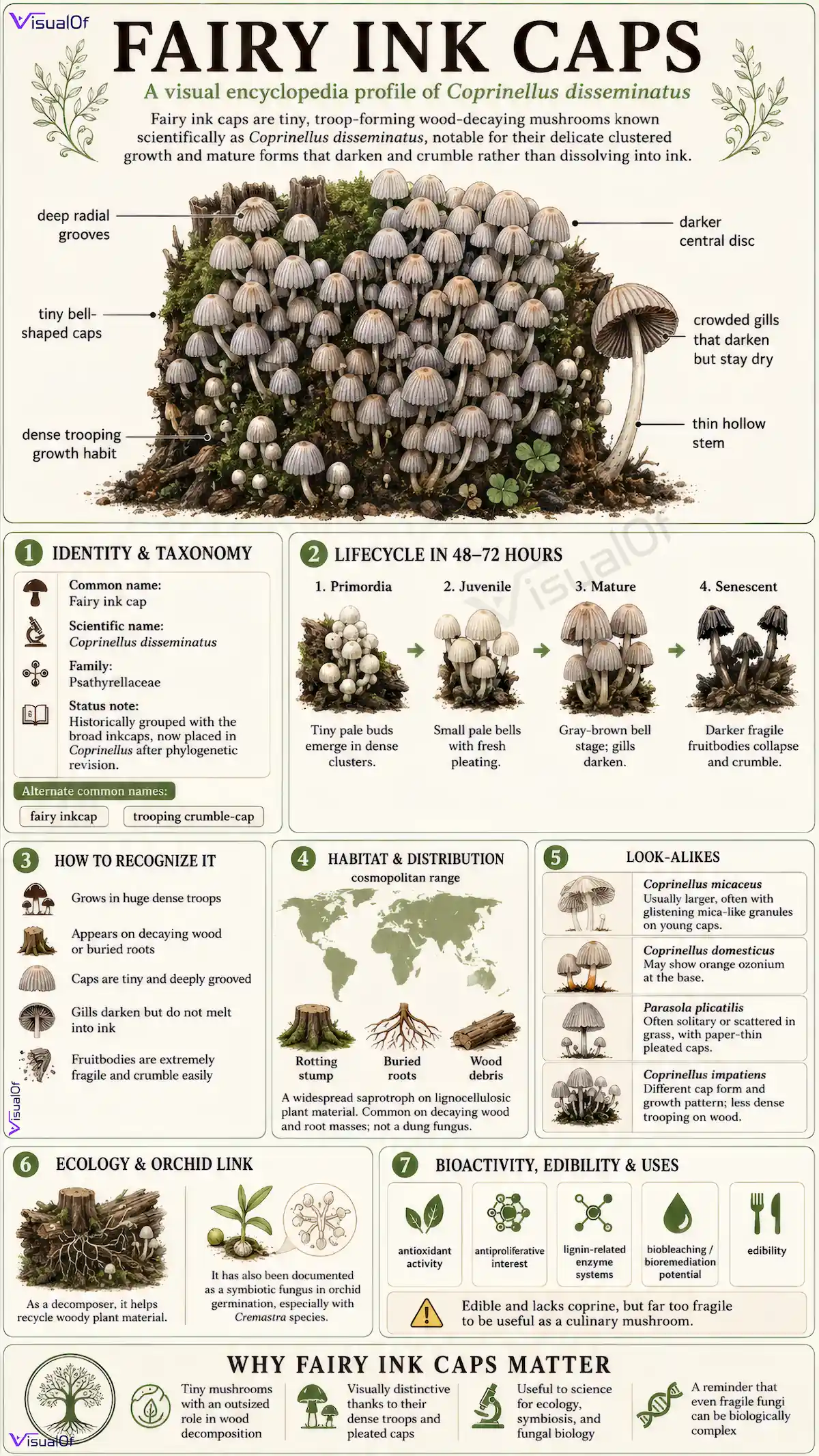 Dense troop of fairy ink caps (Coprinellus disseminatus) growing from a decaying stump, showing tiny bell-shaped grayish-brown caps with deeply pleated radial grooves, darker yellow-brown central discs, thin hollow white stems, and crowded dry gills. Also called fairy ink cap mushrooms and fairy ink cap.
