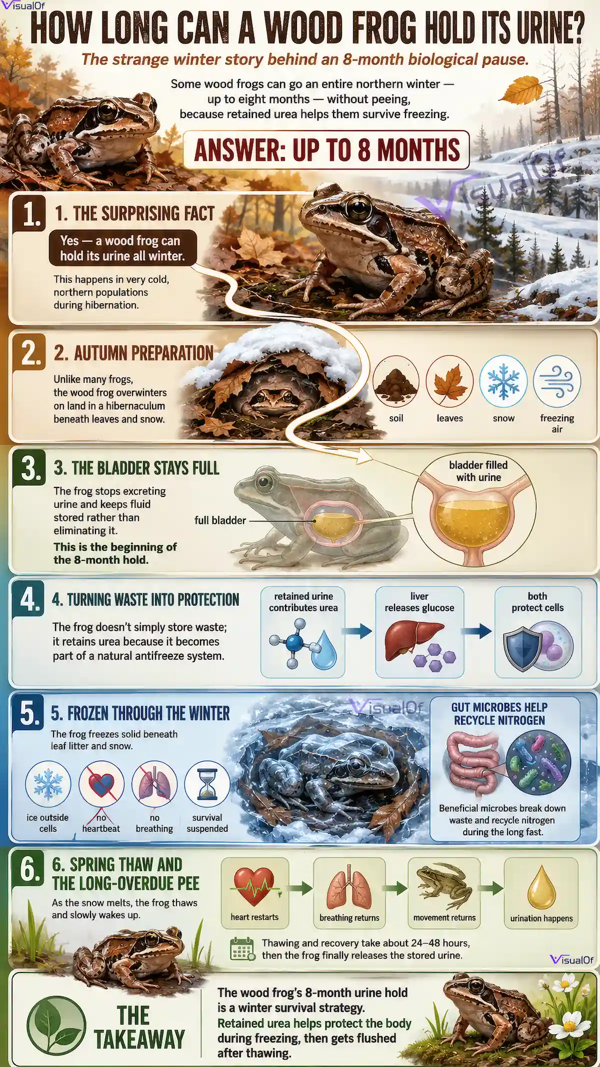 Wood frog frozen in ice showing bladder anatomy, holding urine for 8 months during hibernation survival adaptation