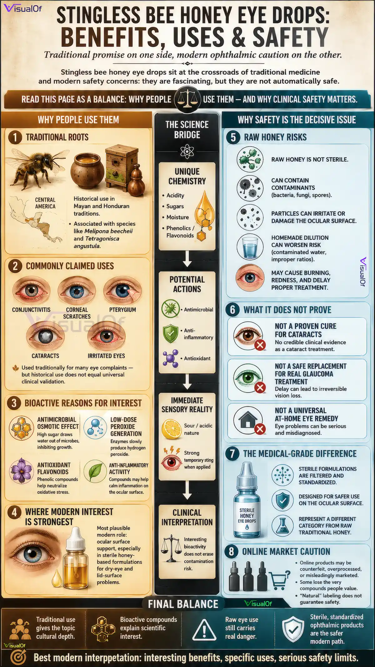 infographic comparing raw wildcrafted stingless bee honey eye drops against sterile medical-grade drops, showing bacterial spore contamination warnings versus gamma-irradiated safety icons, with a detailed stingless bee illustration and bold educational labels.