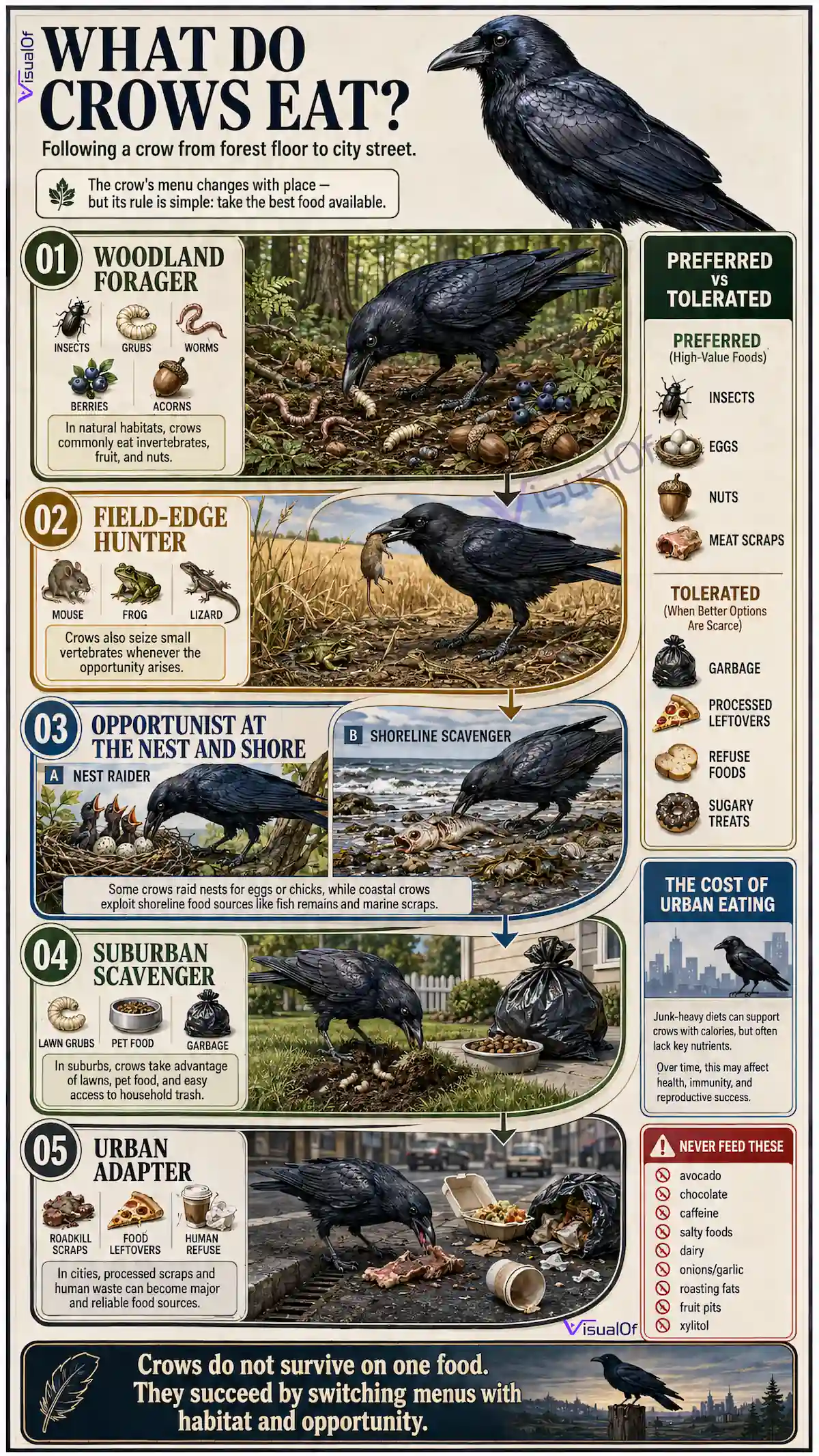 Infographic showing what do crows eat in the wild and what do crows like to eat safely, plus what can crows eat in backyards without toxic risk