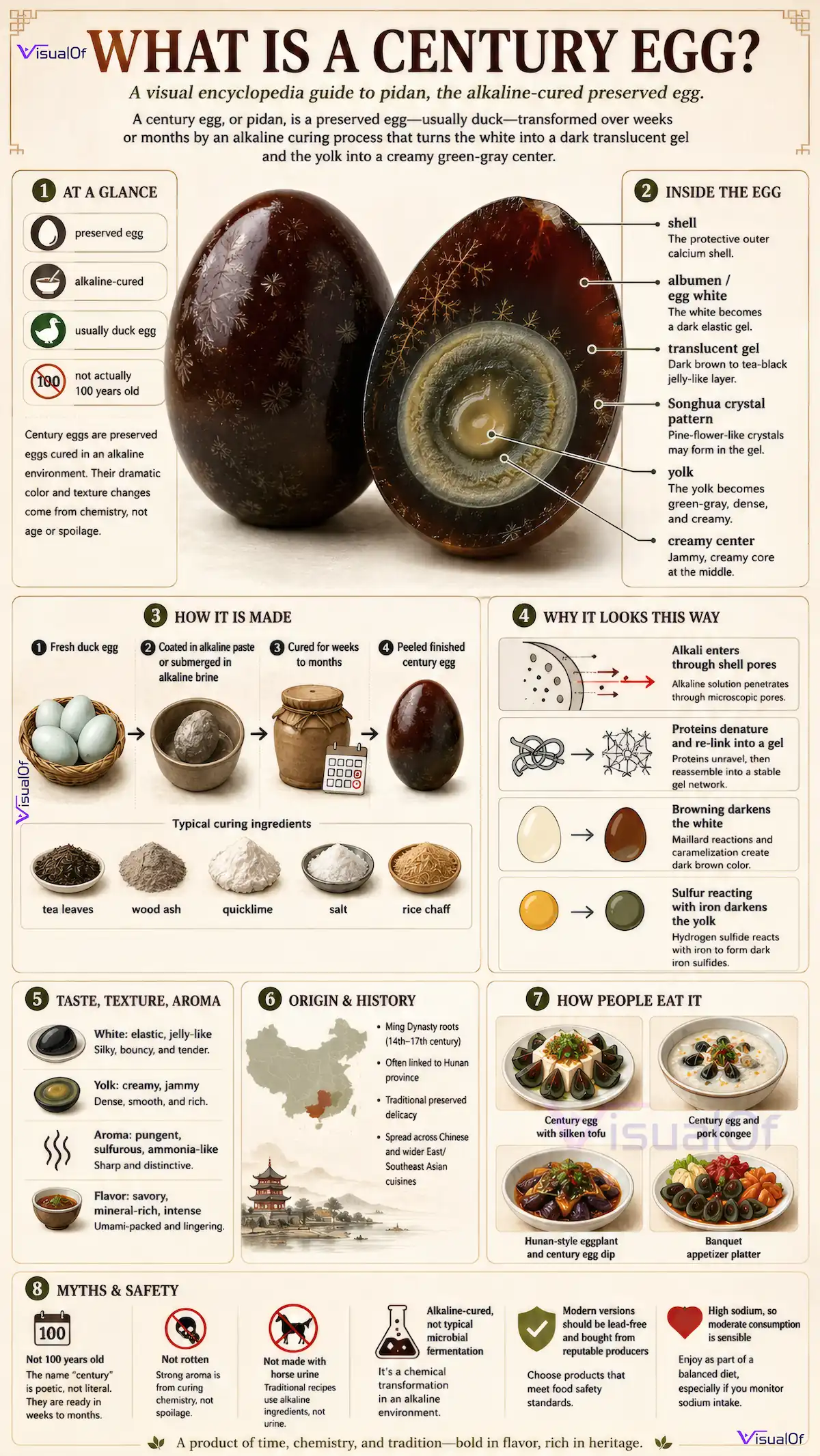 Educational infographic showing a century egg cross-section with dark brown gelled albumen, green-grey creamy yolk, Songhua crystal patterns, and 8 modular sections explaining what is a century egg, Chinese century egg, century old egg — chemistry, history, taste, and myths.
